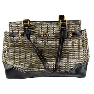 VTG Etienne Aigner Woven Straw & Black Leather Handbag Shoulder Bag Purse Women